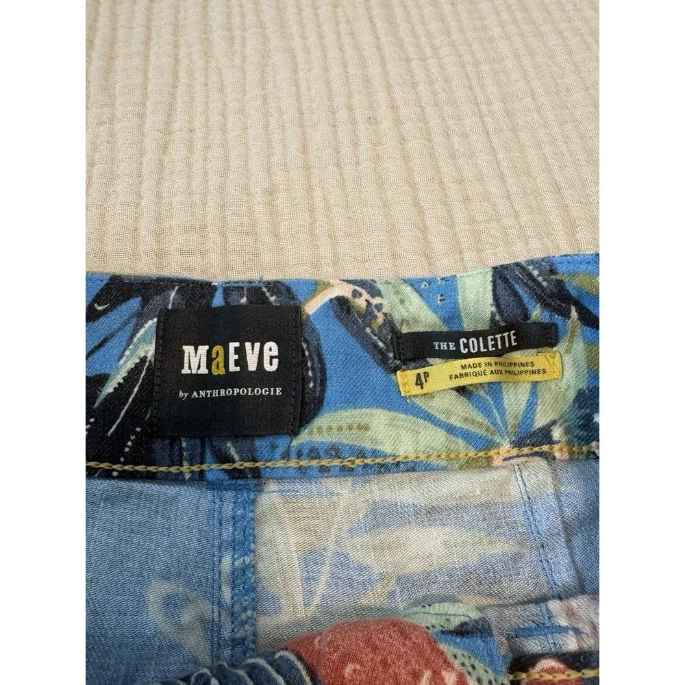 Anthropologie Maeve‎ Colette Pants Wide-Leg Linen Blue Tropical Print Size 4P